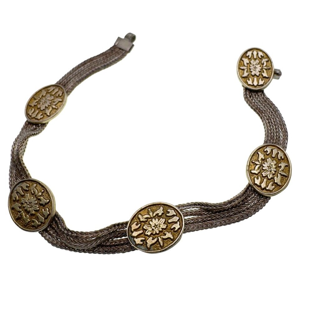 925 Sterling Silver Multi Strand Bracelet Gold Tone Floral Motif 6.5" Vintage